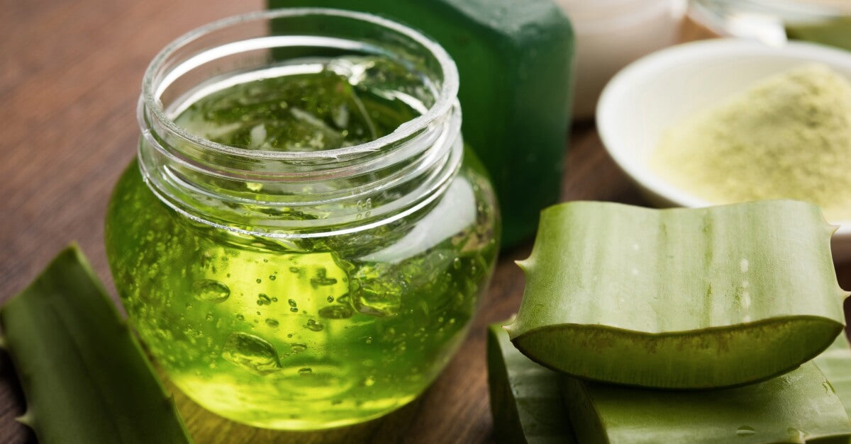 Jar of aloe jelly with cuts of aloe