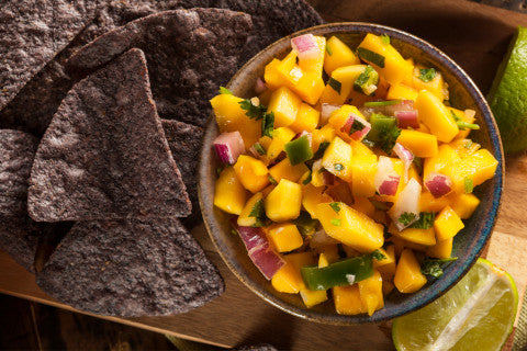 mango salsa with purple tortilla chips