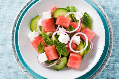 watermelon cucumber salad with feta in a bowl