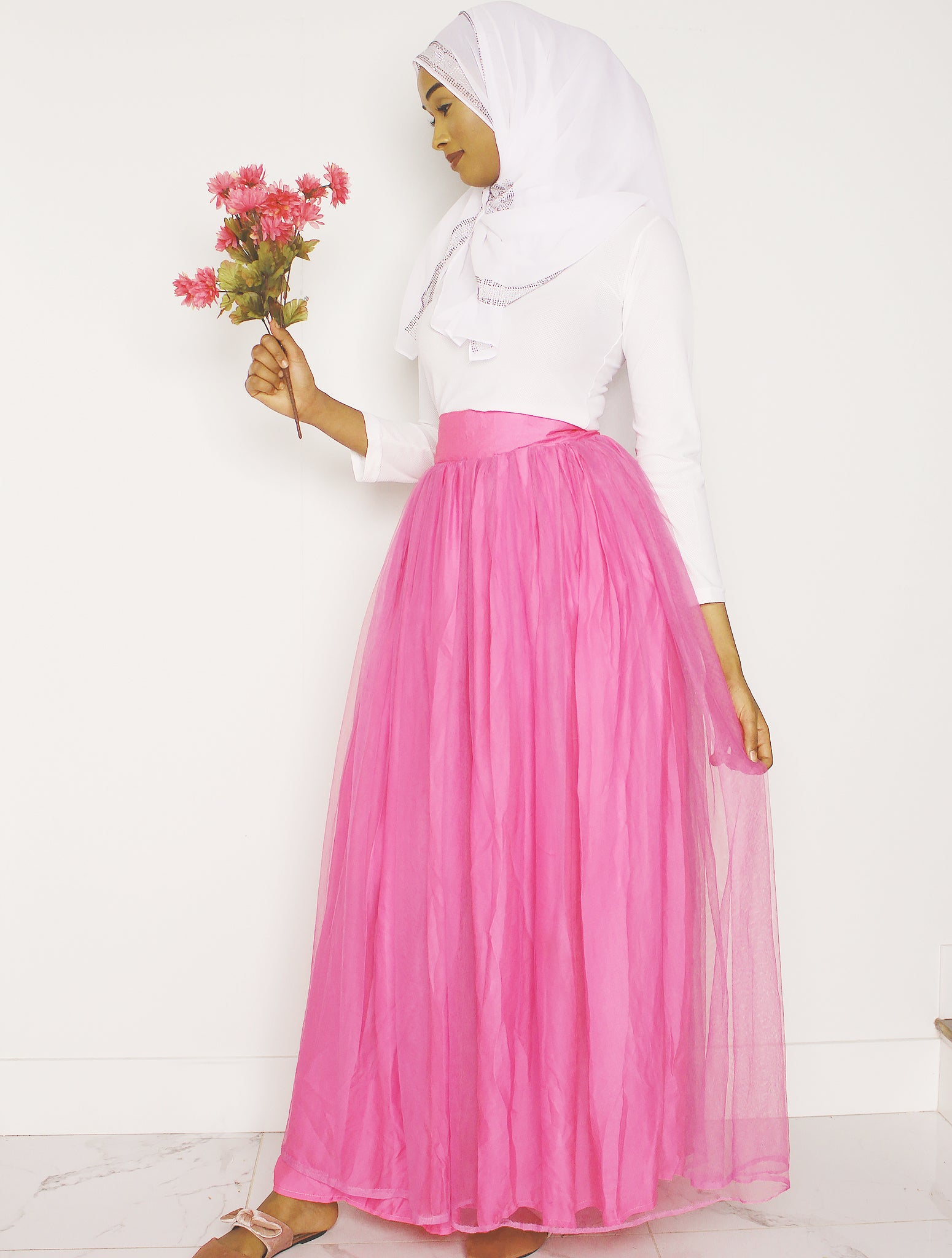 pink tulle maxi skirt