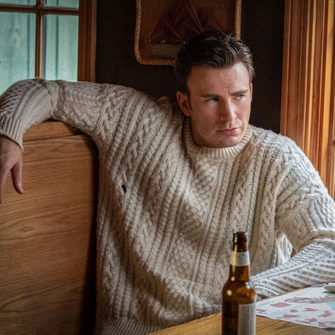 Ransom Drysdale Knives Out Chris Evans cable sweater image credit: BAMF Style