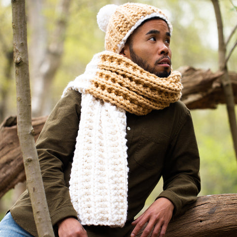 Shop the Aylesford hat and scarf crochet pattern and Homestead yarn bundle