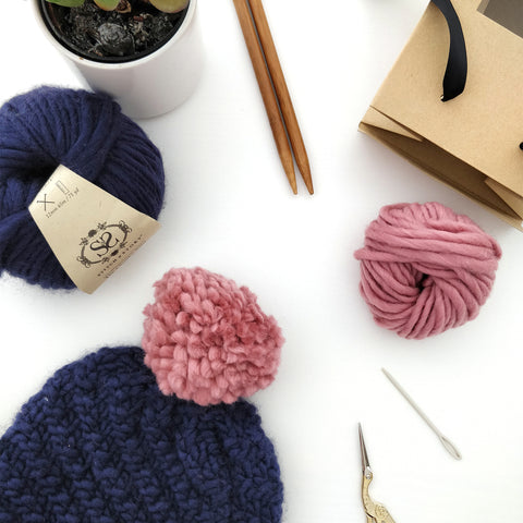 Luca Pom Hat knitting kit with dust pink pom pom