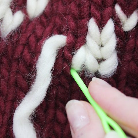 Preparing a Hole For Swiss Darning in a White Knit Throw - Tinking Turtle