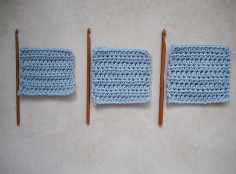 Crocheted swatches with different crochet hook sizes