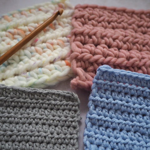 Crochet swatches in different yarn weights