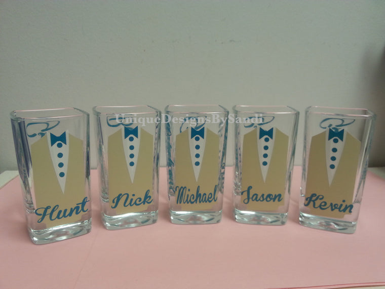 12 Personalized Shot Glasses with Tuxes, Groom and Groomsmen Wedding Glasses - Unique Designs By Sandi