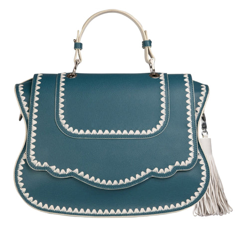 Audrey Handbag: Teal Designer Satchel Bag, White Stitching – Thale Blanc