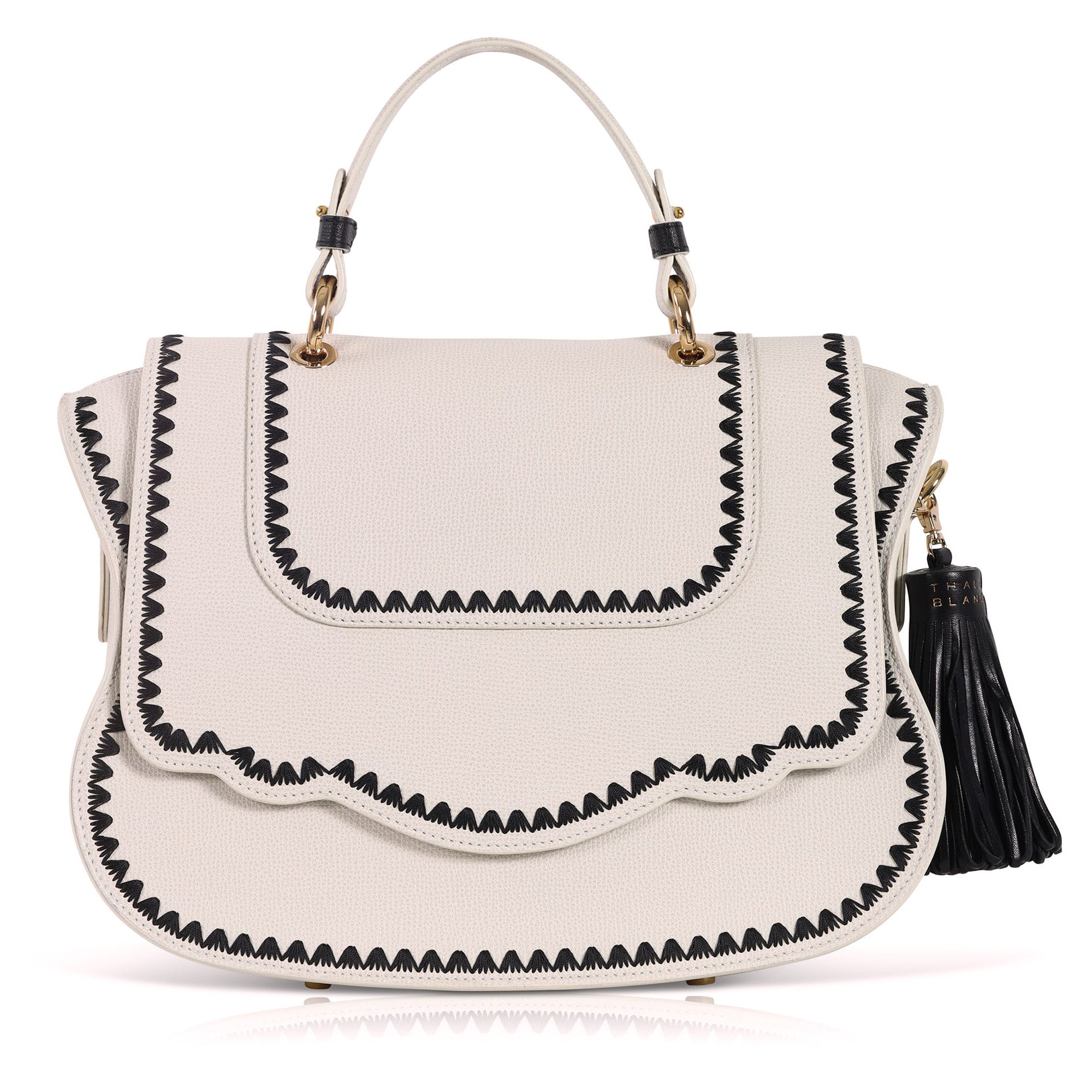 Audrey Handbag: Designer Satchel, White Leather/Black Stitch – Thale Blanc