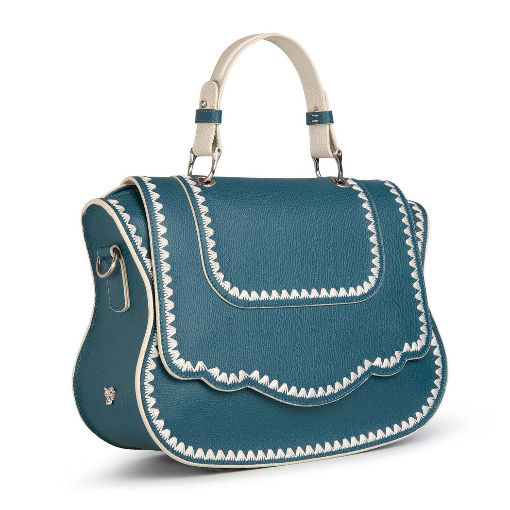 Audrey Handbag: Teal Designer Satchel Bag, White Stitching – Thale Blanc