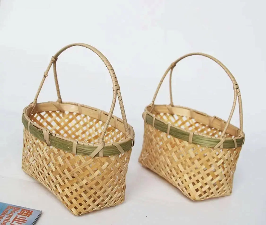 2 X Small Bamboo Basket Handwoven Handmade Carrier Basket With Handle Gift Pack