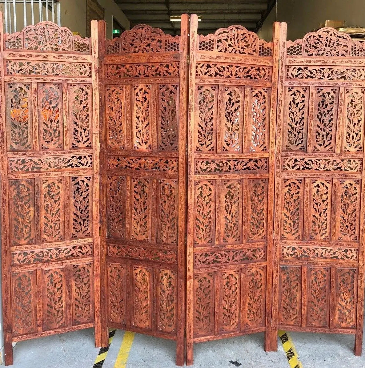 4 Panel Folding Screen Luxury Hardwood Hand-Carved Privacy Screen Room Divider