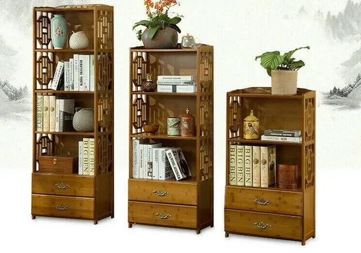 Bamboo Book Shelf With Drawers Book Case Cabinet Antique Style Storage