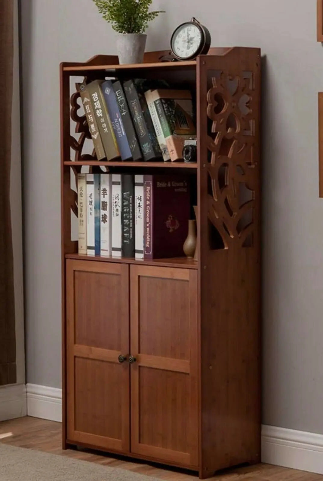 Bamboo Bookcase Bookshelf Carved Stylish Organizer Storage Unit Home Office