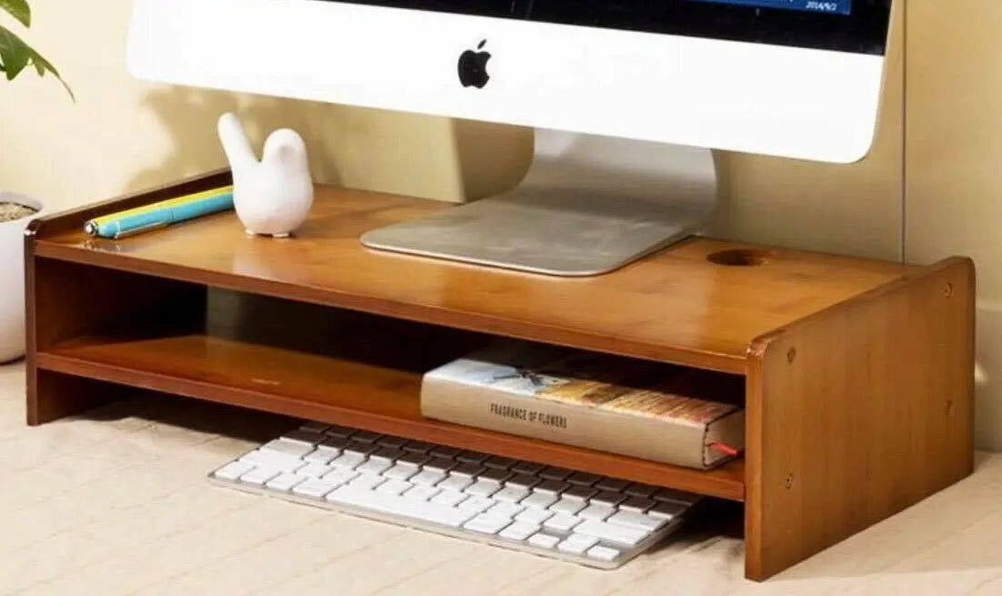 Bamboo Computer Monitor Laptop Stand Riser Base Desk Table Shelf Organiser