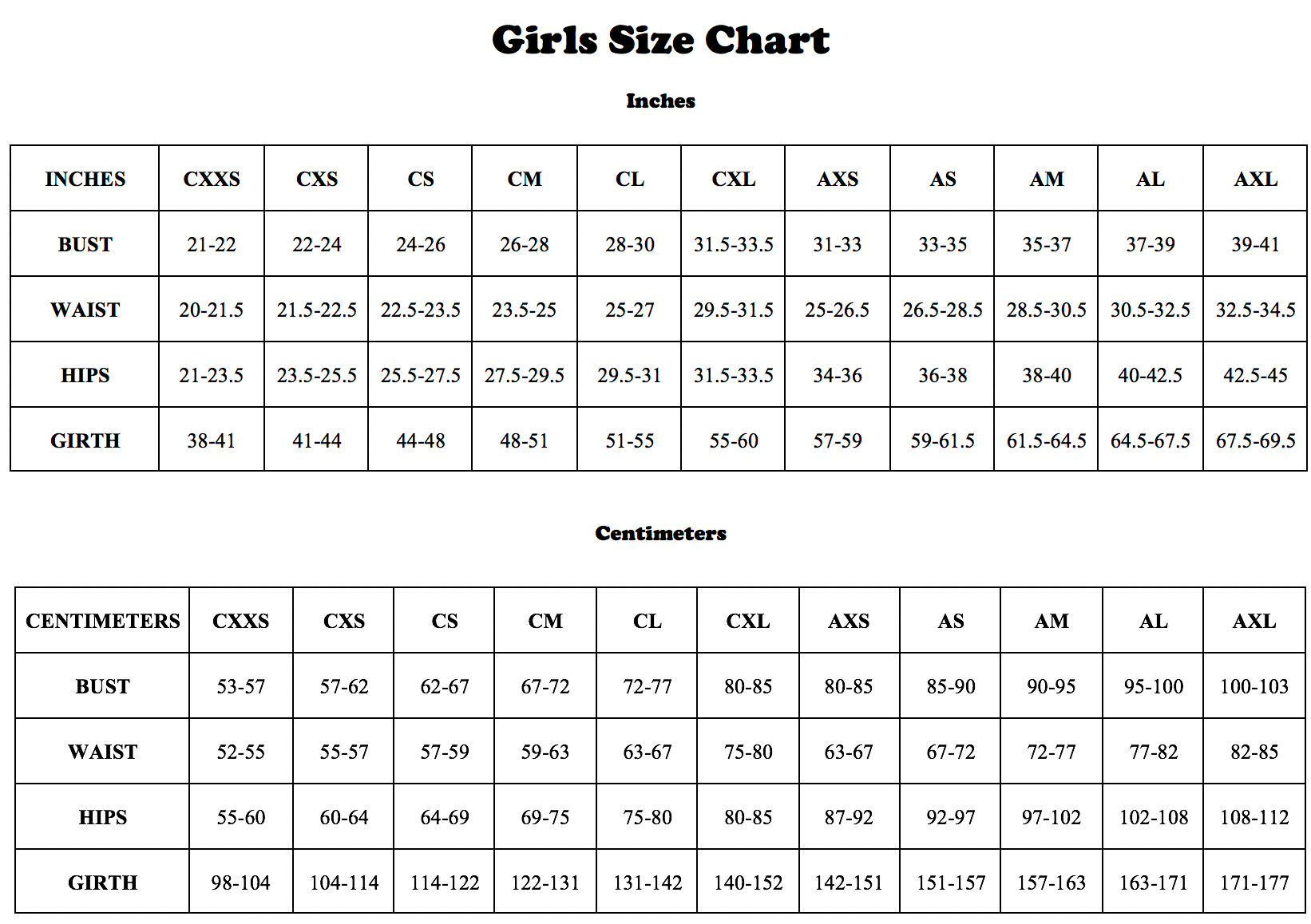 Dance Costume Size Chart