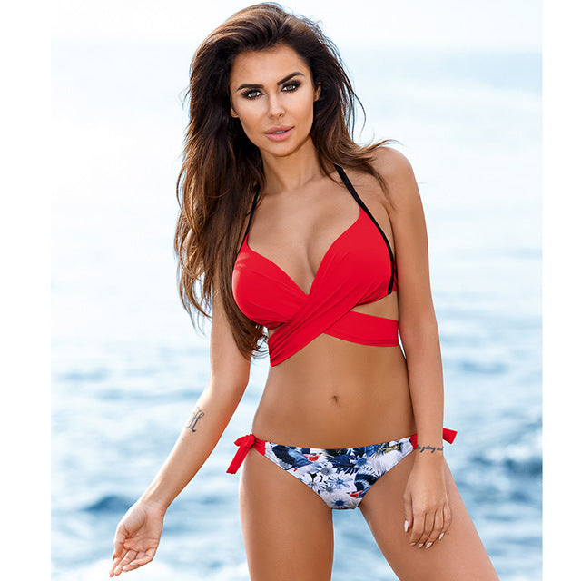 push up cross halter bikini