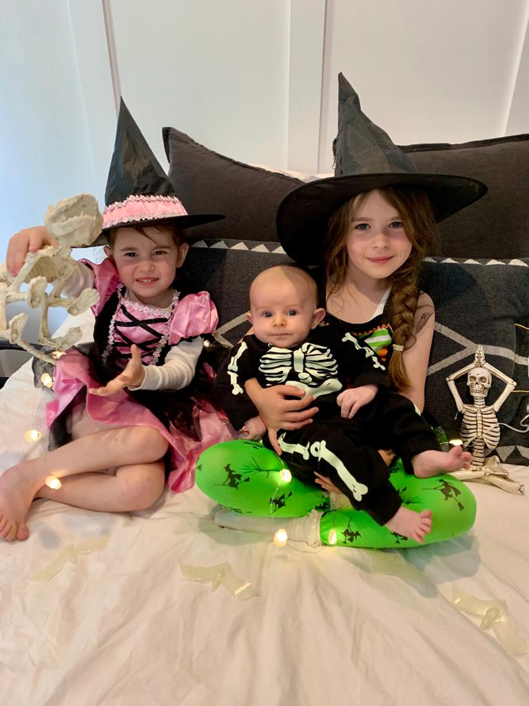 Halloween idea at home kids dressed up witch skeleton