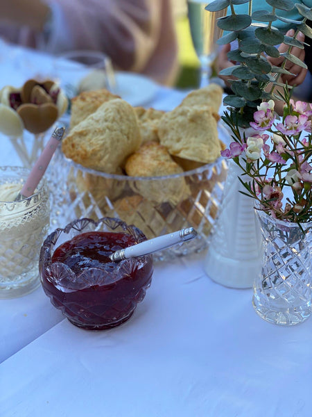 Willow Swim baby shower table scones flowers jam