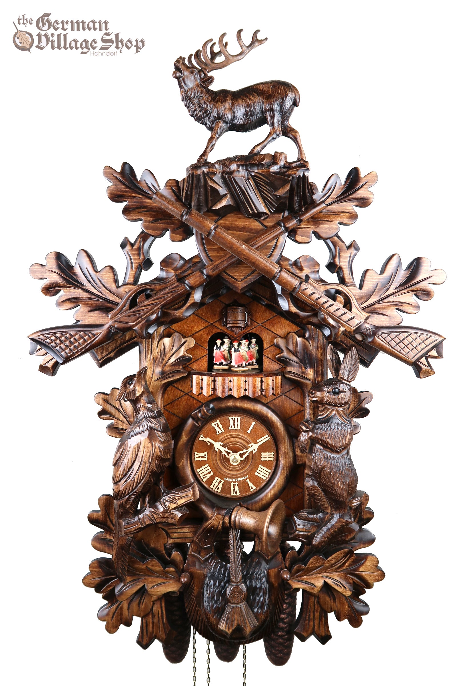 Hones cuckoo clock The Black Forest Germany Wooden Carving stag and hunting scene