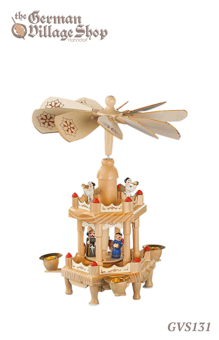 German wooden Christmas pyramid, Christmas decorations, Christmas pyramid with fan, spinning top, nativity pyramid