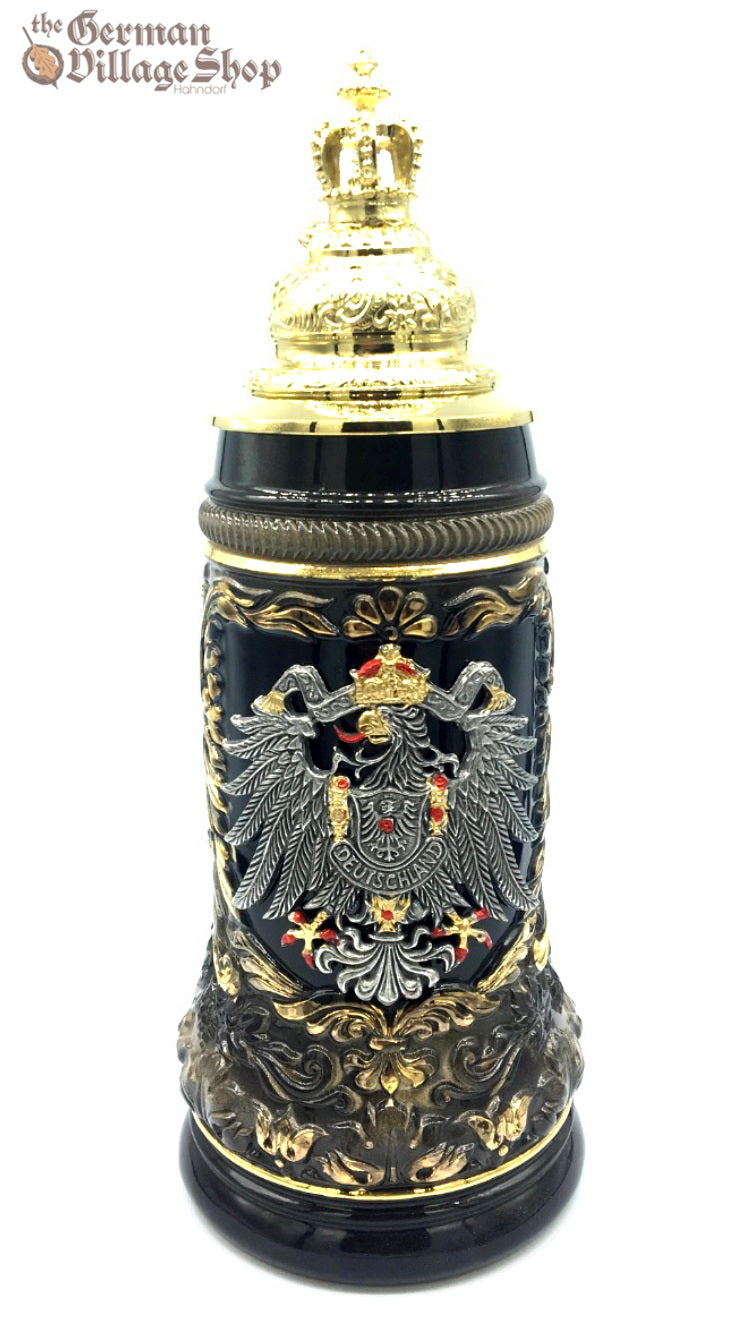 Traditional German beer stein black painted with pewter eagle crest