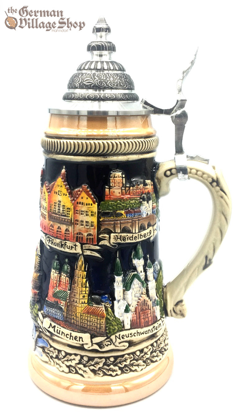 Traditional German beer stein with German cities