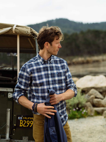 A Man in a Southern Tide Plaid Button Down and Khaki Pants