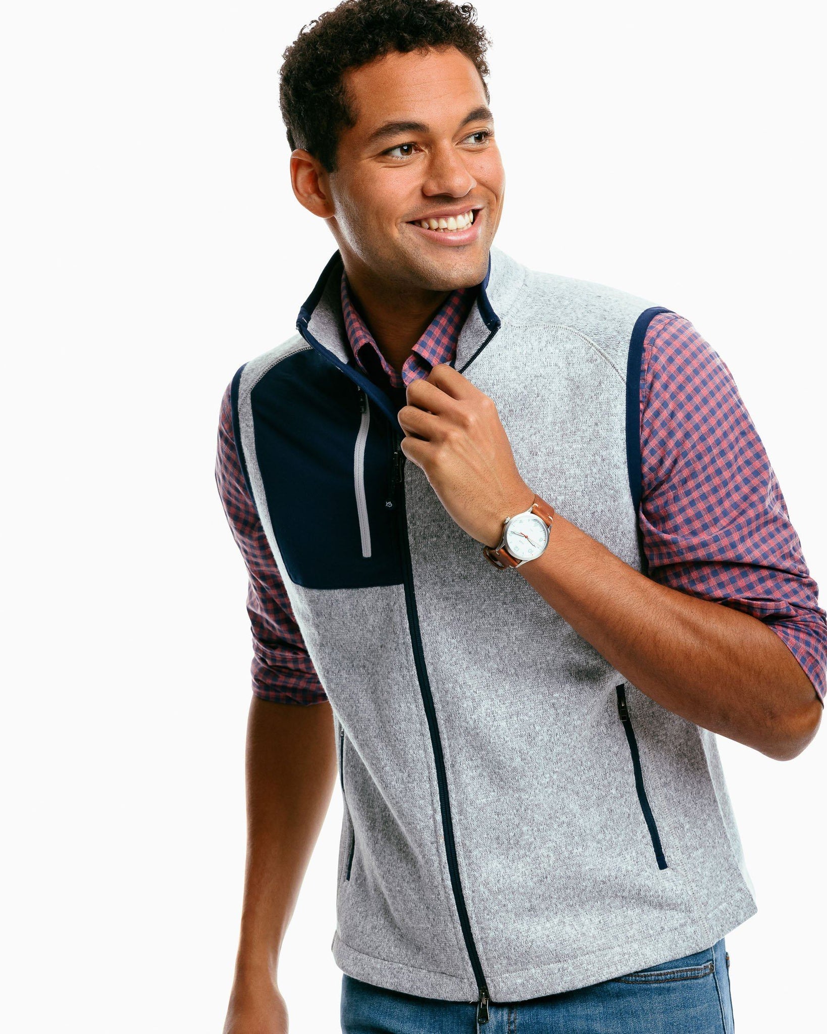 The front of the Men's Lido Deck Heather Fleece Vest by Southern Tide - Heather Seagull Grey