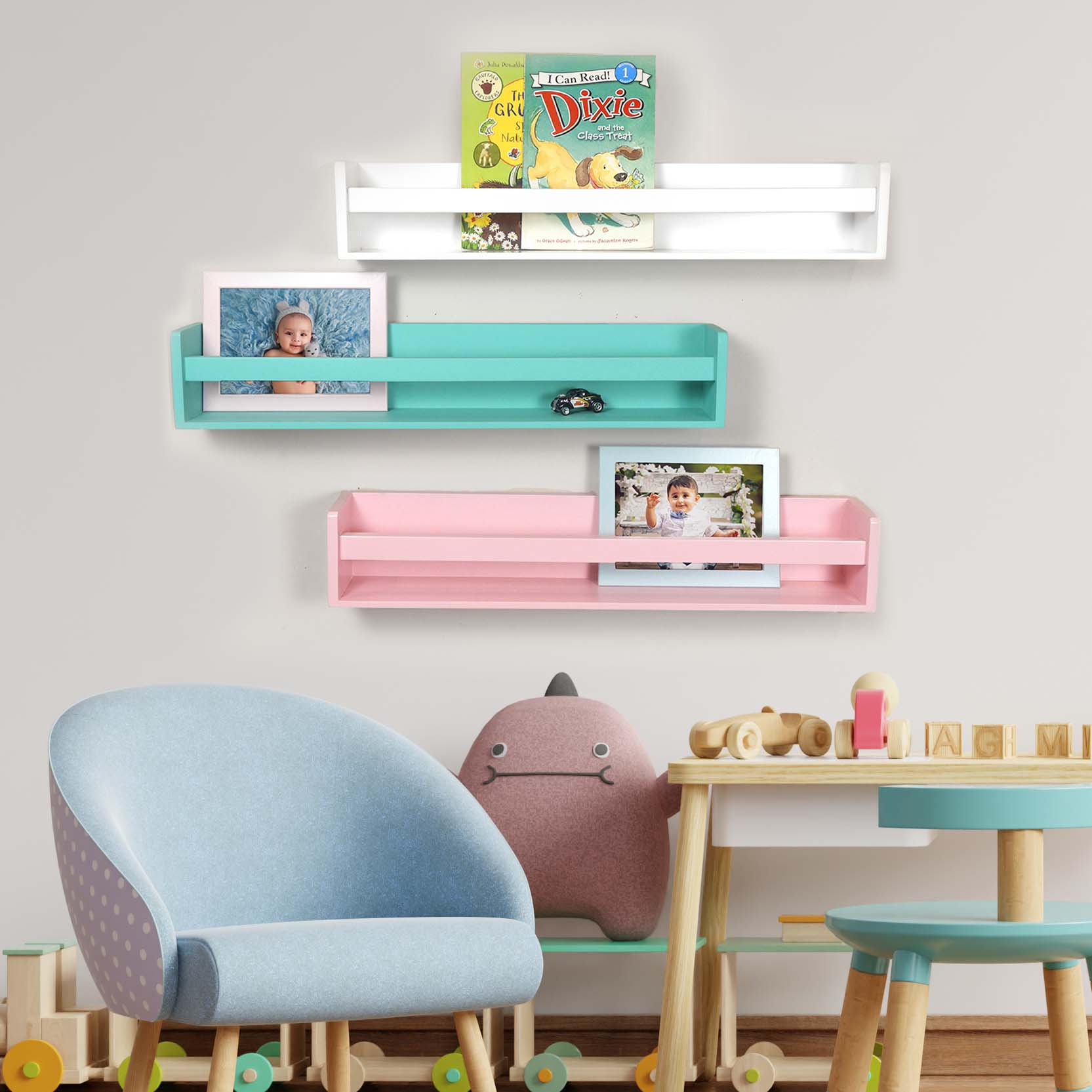 Floating Wall Mounted Wooden Nursery Bookshelf For Kids Room Decor