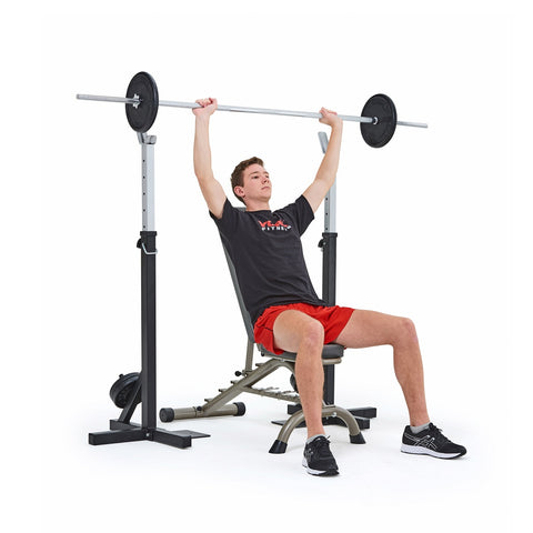 4025 York Fitness Heavy Duty Squat Stand and Fitness Bench with model performing shoulder press