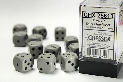 Chessex Opaque 12mm d6 Dark Grey/black Dice Block™ (36 dice