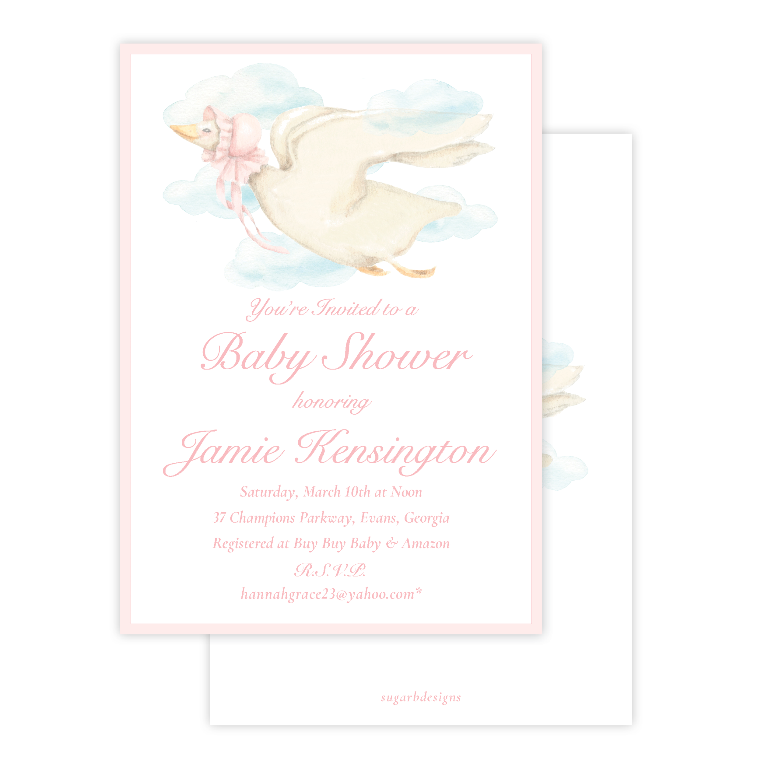 mother goose pink baby shower invitation – sugar b designs