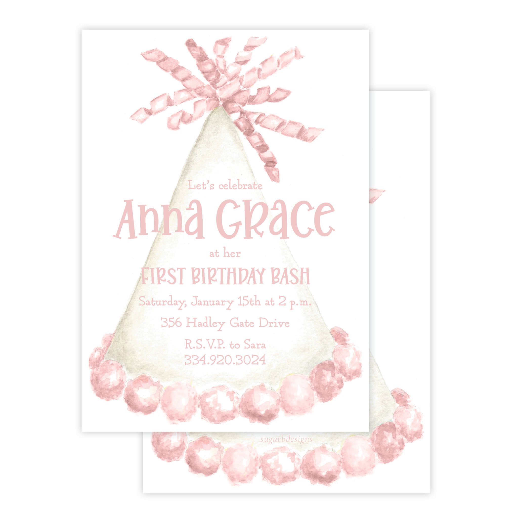 Party Hat Light Pink Birthday Invitation Sugar B Designs