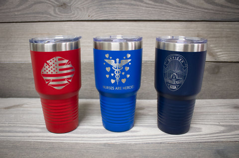 Firefighter and Police YETI Cup With Thin Red or Blue Line Laser Engraved  and Powder Coated Line. This Iisting Includes Shipping Prices 