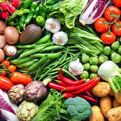 image of colorful selection of veggies and produce from a sky view