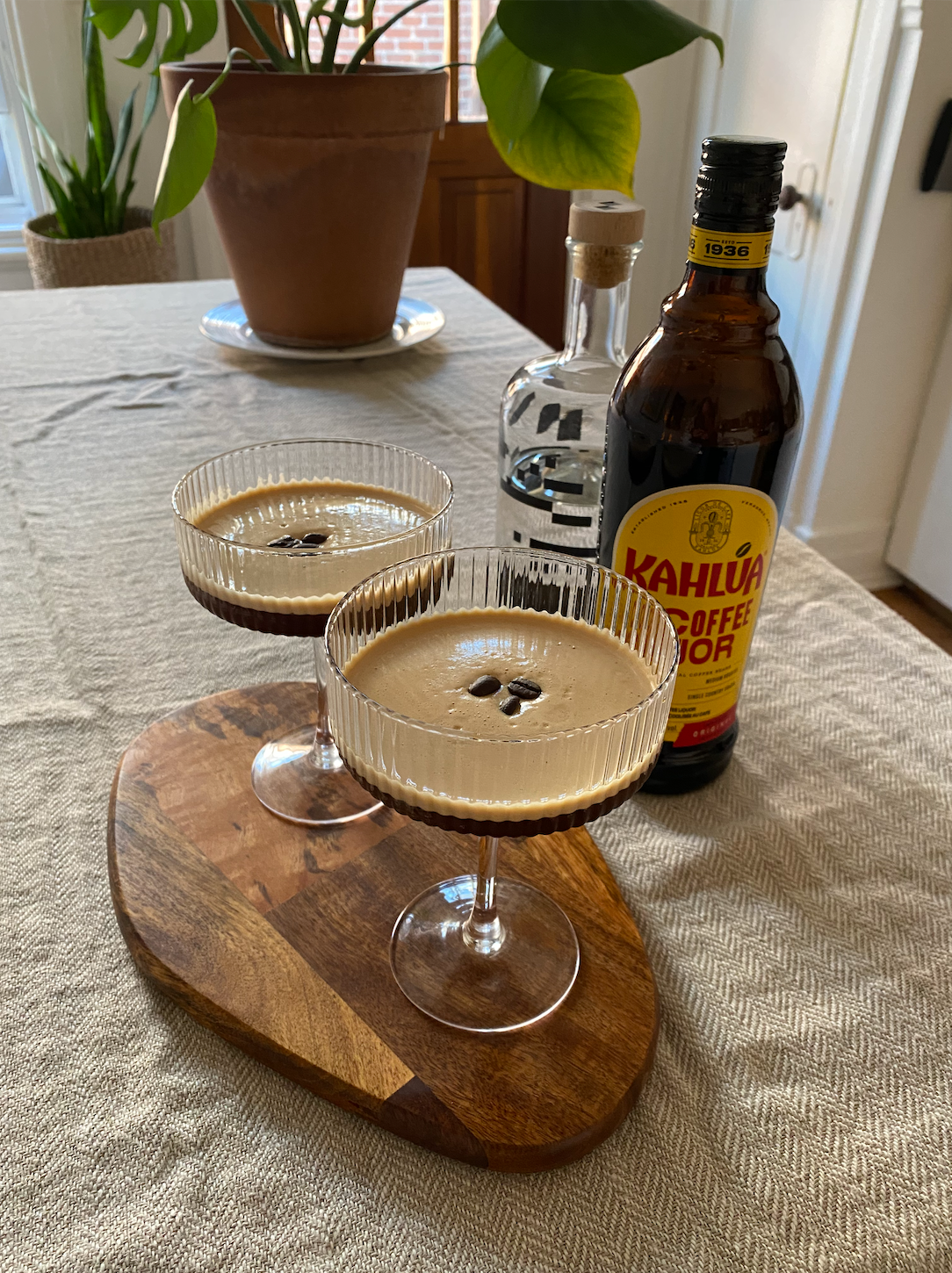 Cold Brew Martini on a table lined with a Flax Home linen tablecloth in the colour sand herringbone.