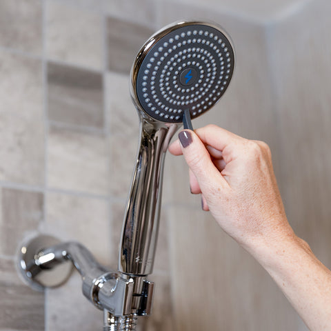 close up of SparkPod's High Pressure Handheld 3 Function Shower Head with self cleaning nozzles