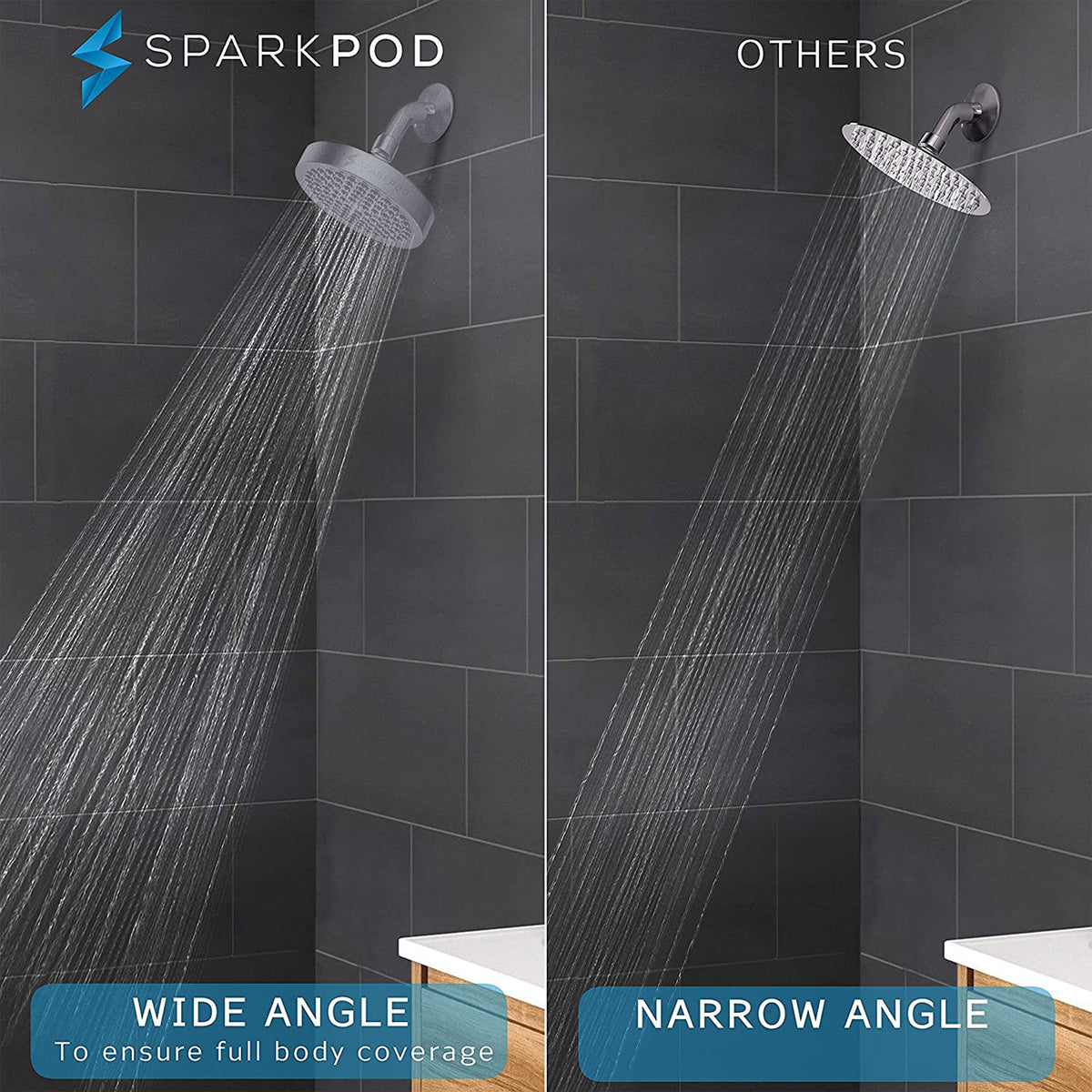 SparkPod Shower Head - High Pressure Rain - Luxury Modern Look - Tool-less 1-Min Installation - (Charcoal Grey, 6 Inch Round)