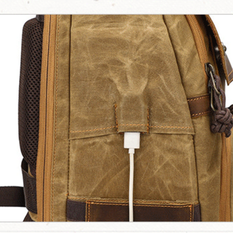 Waterproof retro canvas and leather backpack with port