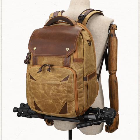 Waterproof retro canvas and leather backpack with port