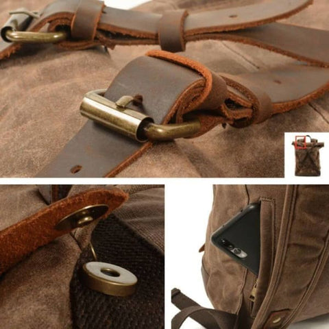 Mochila militar vintage en lienzo y cuero para hombres -