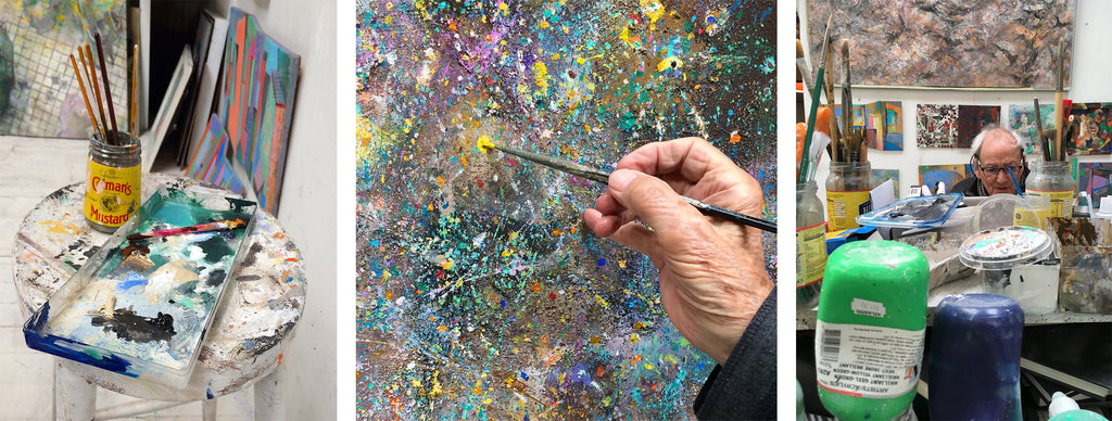 Three images of the artist's studio. Reading left to right: A paint palette and brushes, a close up of a hand painting,  photograph of Anthony Whishaw in in studio surrounded by paints