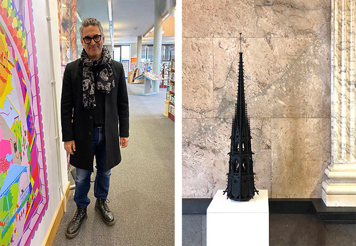 On the left: A photograph of artist Karl Singporewala On the right - a sculpture by the artist on a plinth