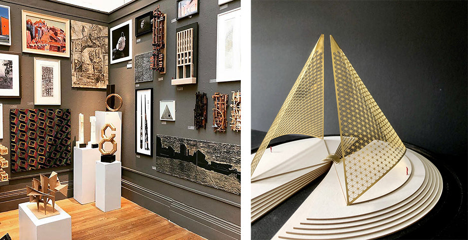 Left: A photograph of the artist's work in the AOE last year. Right: A gold architectural sculpture on a white stand