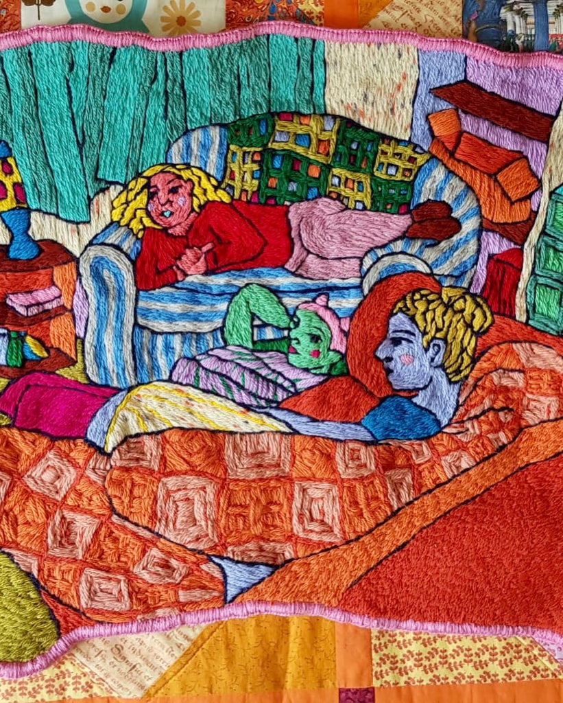 An image of a brightly coloured tapestry of people sitting in a living room