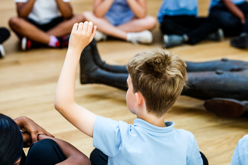 A child with their hand up in a group education session