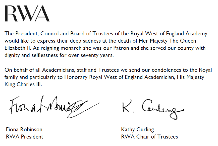 A message from RWA President, Fiona Robinson and RWA Chair of Trustees on the death of Her Majesty the Queen. The full transcript can be found above.