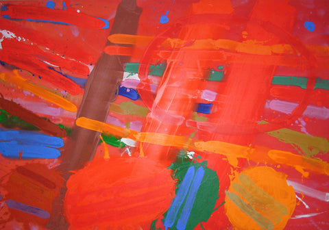 A bold colourful red abstract painting named 'Almada' by the artist Albert Irvin