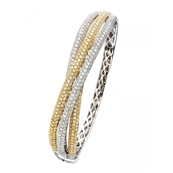 18ct White and Yellow Gold 3 Band Pave Set Diamond Bangle